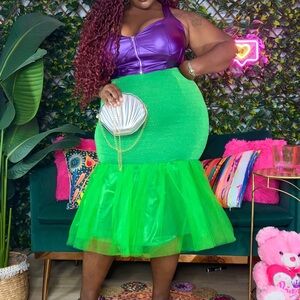 Green Ruffled Bubble Midi Skirt for Cocktail